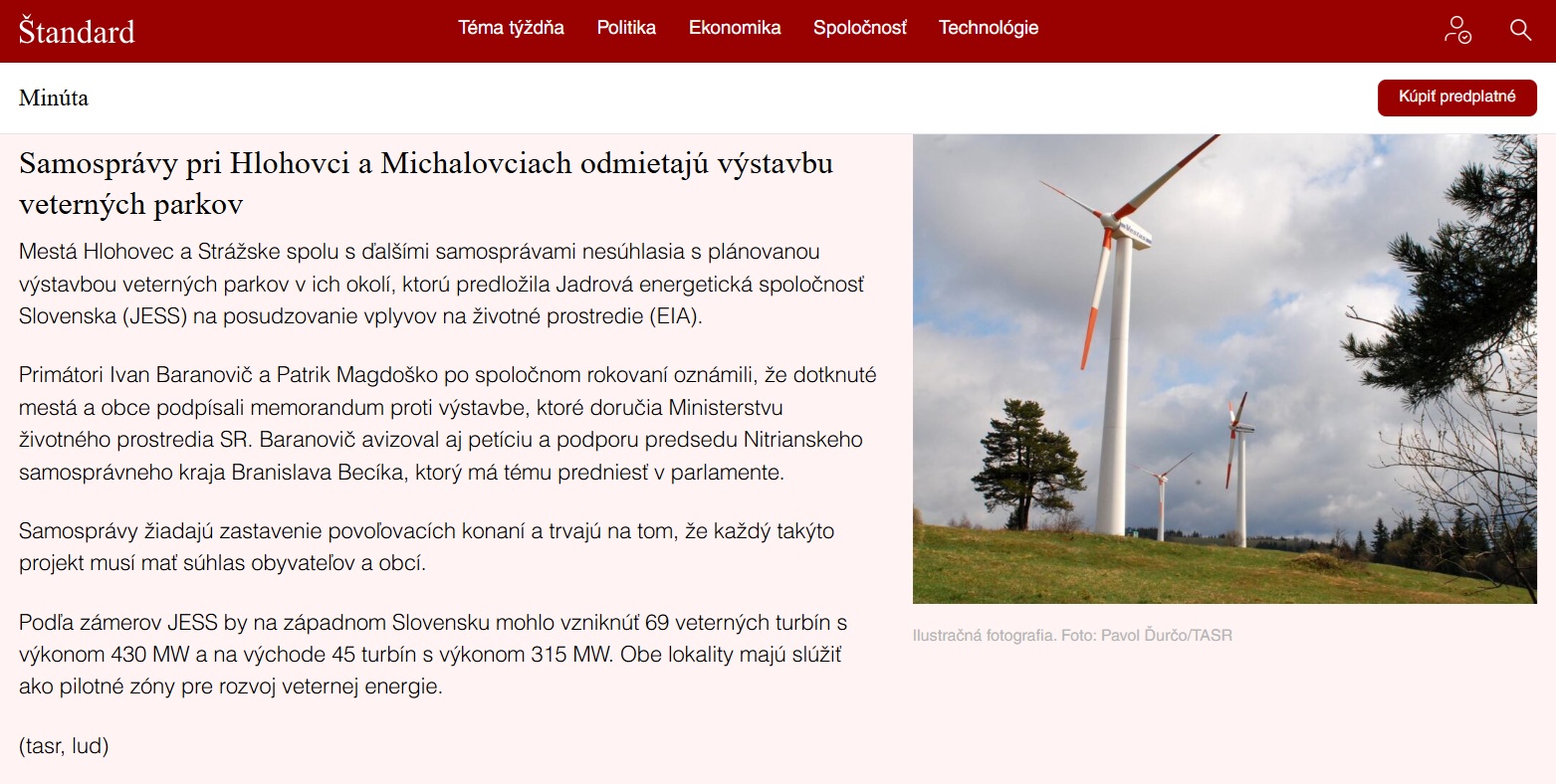 Samosprávy pri Hlohovci a Michalovciach odmietajú výstavbu veterných parkov