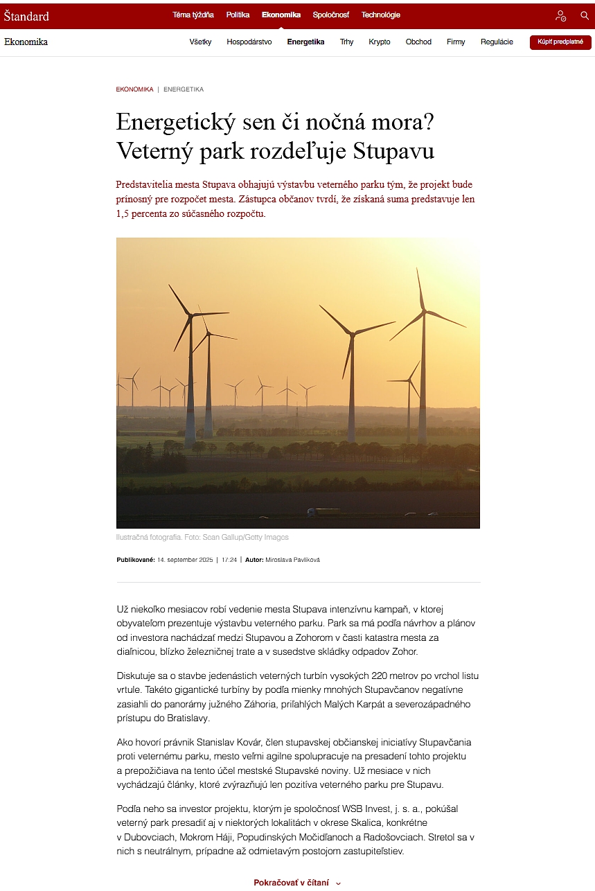 Energetický sen či nočná mora? Veterný park rozdeľuje Stupavu