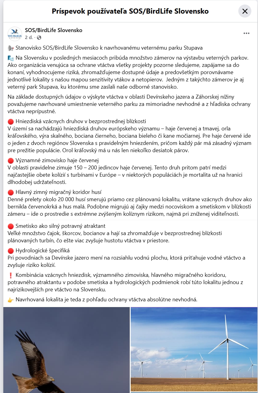 Stanovisko SOS/BirdLife Slovensko k navrhovanému veternému parku Stupava