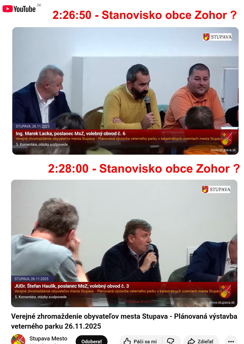 Obec Zohor sa ohradzuje voči informáciám, ktoré odzneli na verejnom stretnutí mesta Stupava dňa 26.11.2025